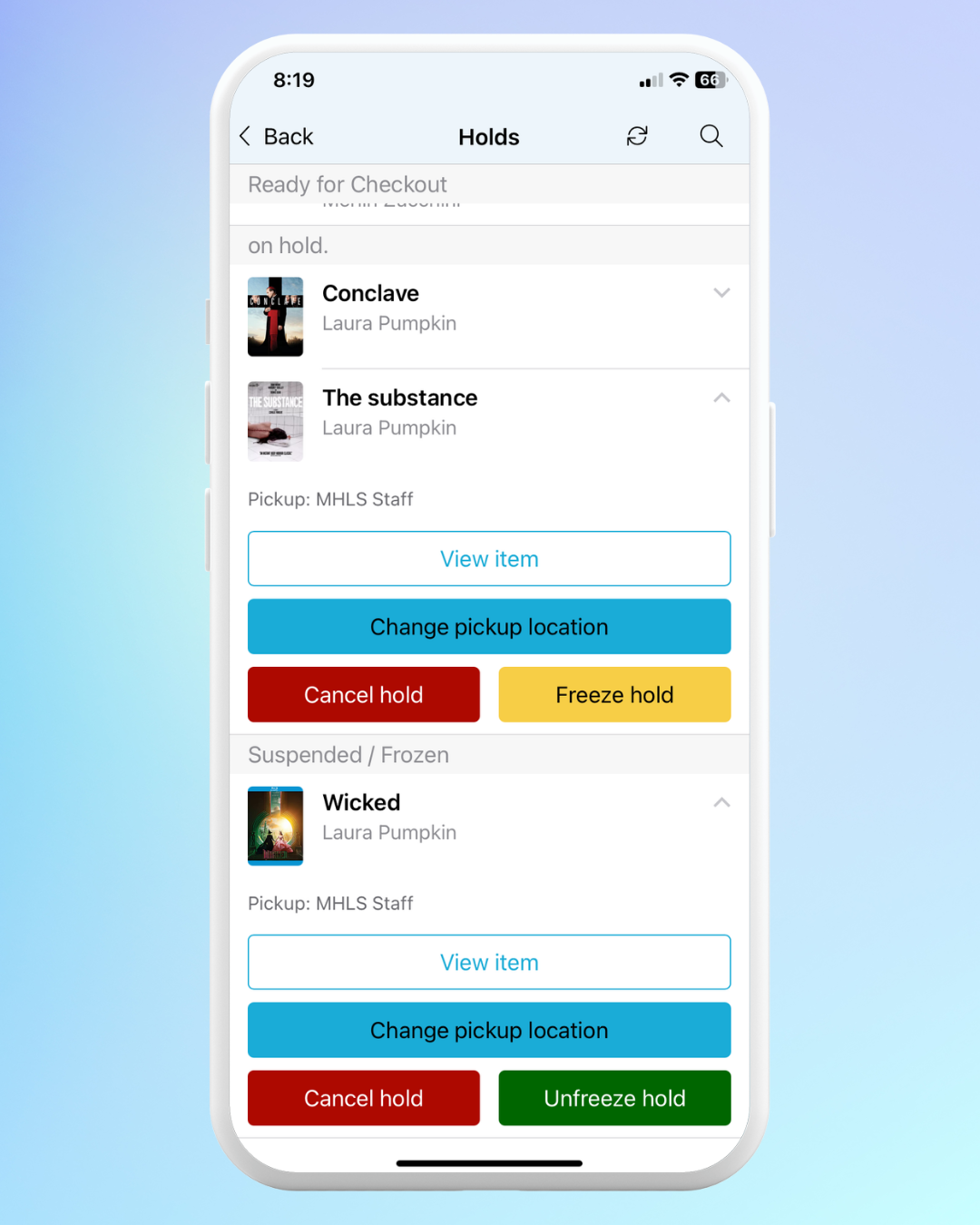 Mid-Hudson Libraries app example Holds page