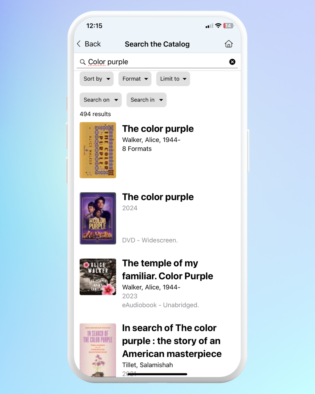Mid-Hudson Libraries app example search the catalog page