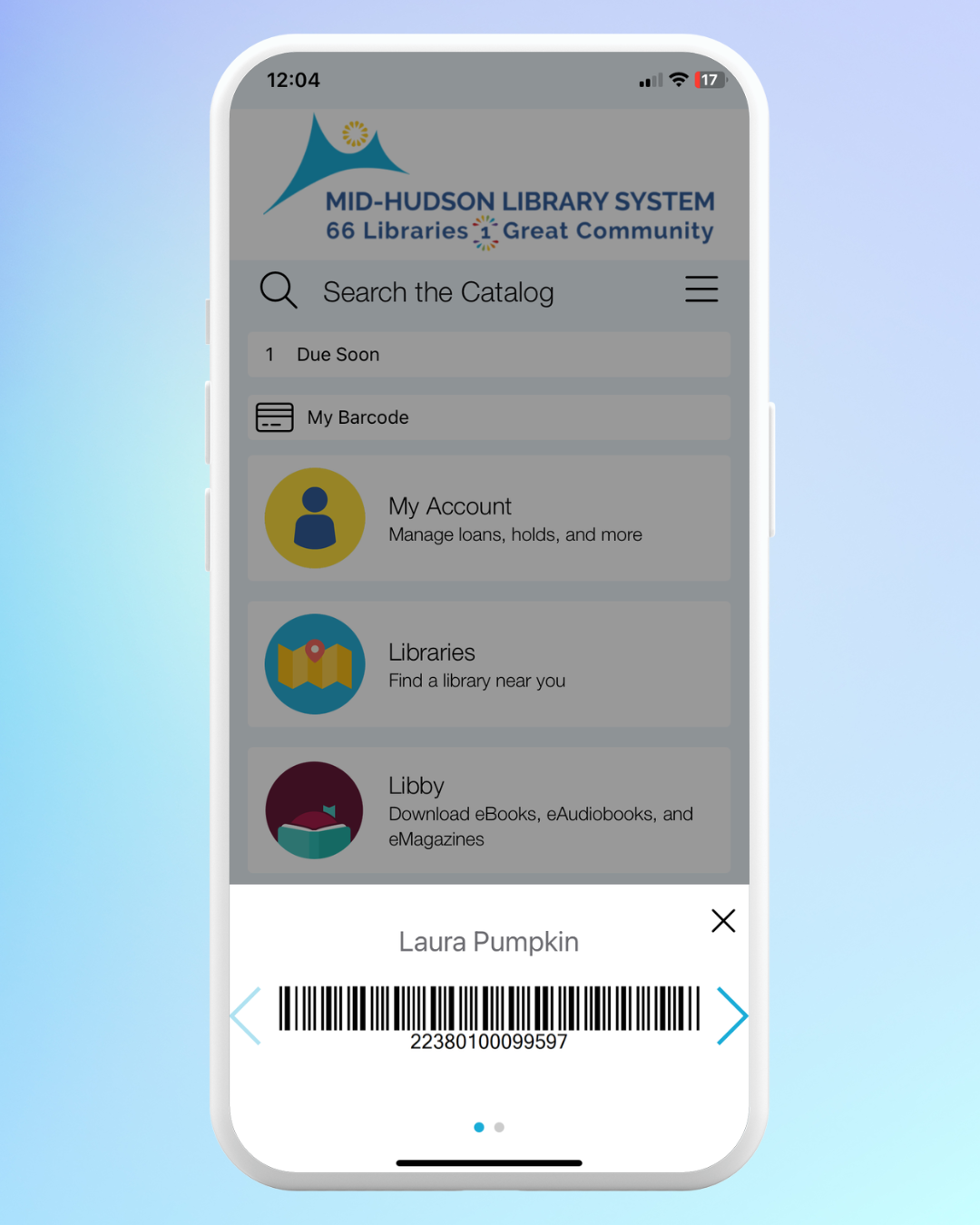Mid-Hudson Libraries app example patron barcode