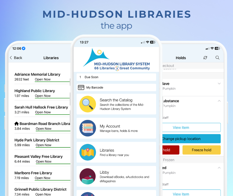 screenshots of the new Mid-Hudson Libraries app