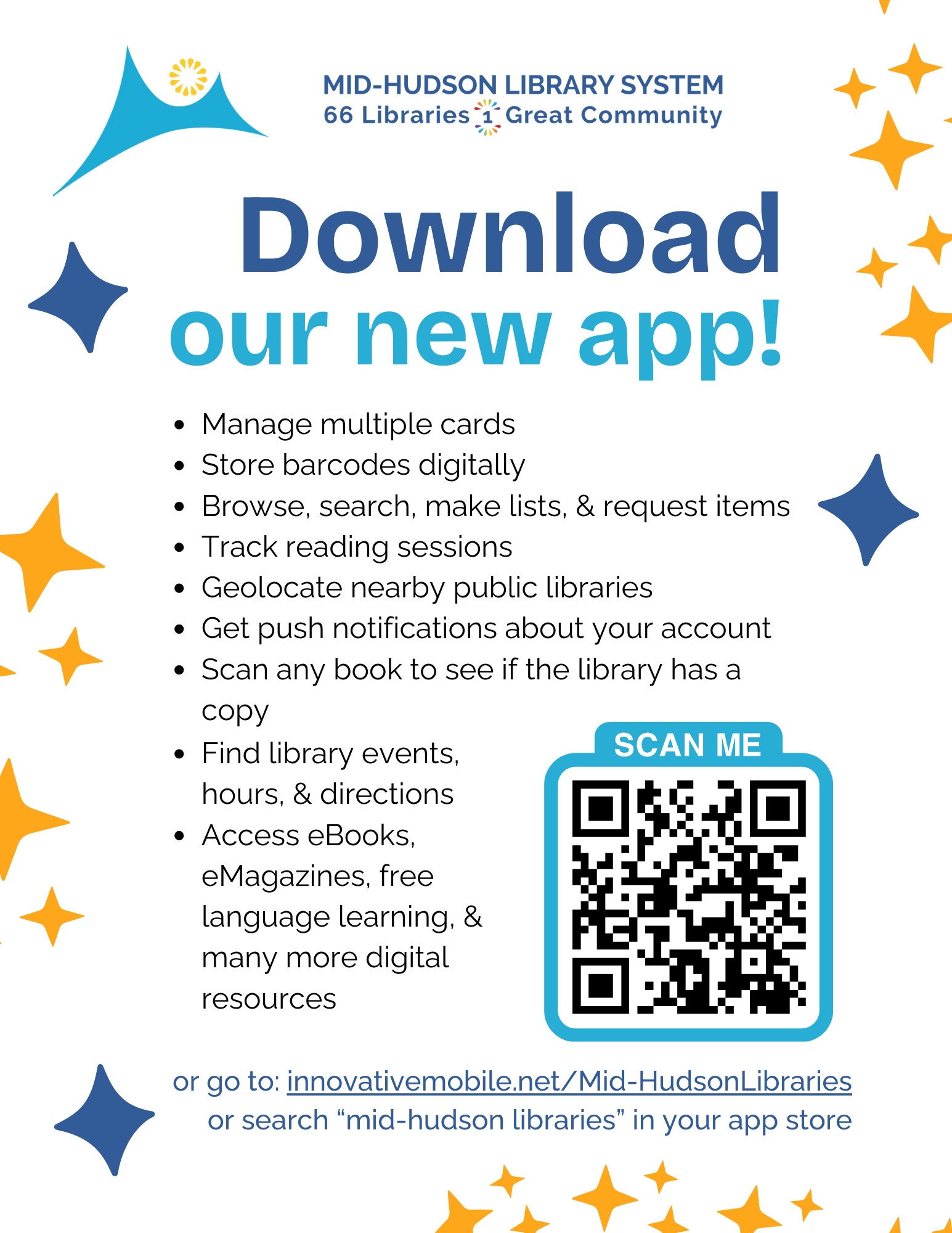 A flyer for the Mid-Hudson Libraries app detailing features the app has. A QR code leads to the app store to download, or visit https://innovativemobile.net/mid-hudsonlibraries