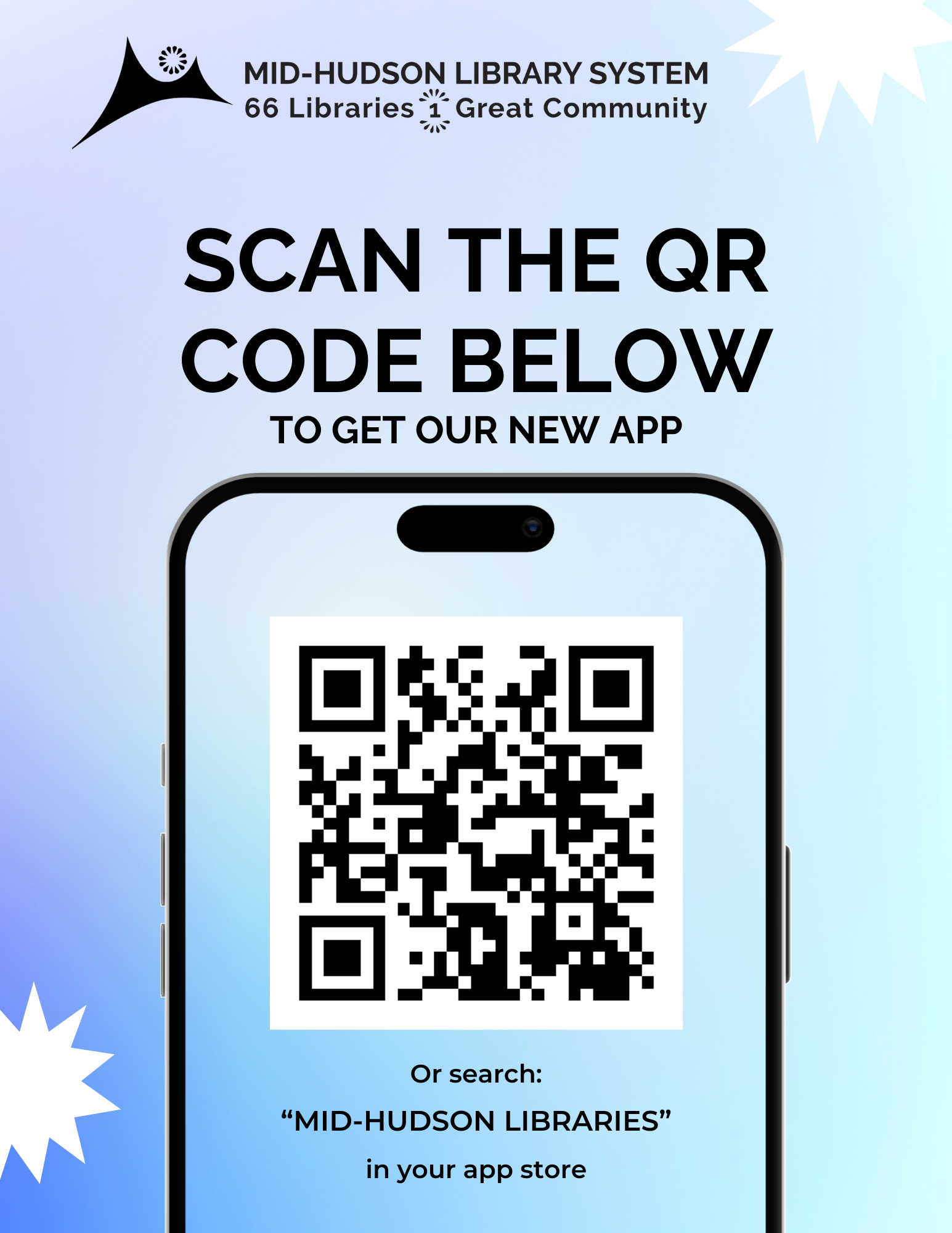 A flyer for the Mid-Hudson Libraries app with a blue-hued background. A QR code leads to the app store to download, or visit https://innovativemobile.net/mid-hudsonlibraries