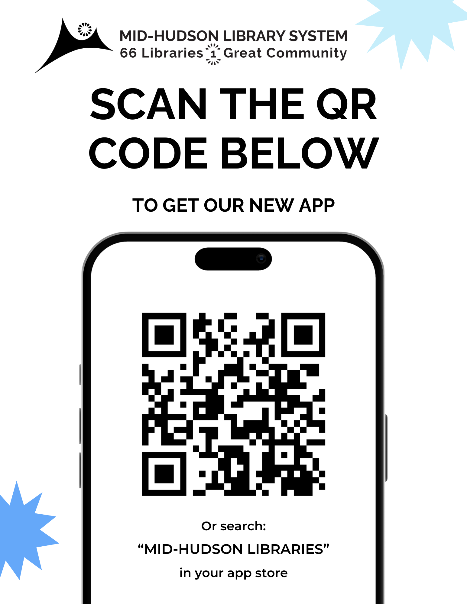 A flyer for the Mid-Hudson Libraries app with a white background. A QR code leads to the app store to download, or visit https://innovativemobile.net/mid-hudsonlibraries
