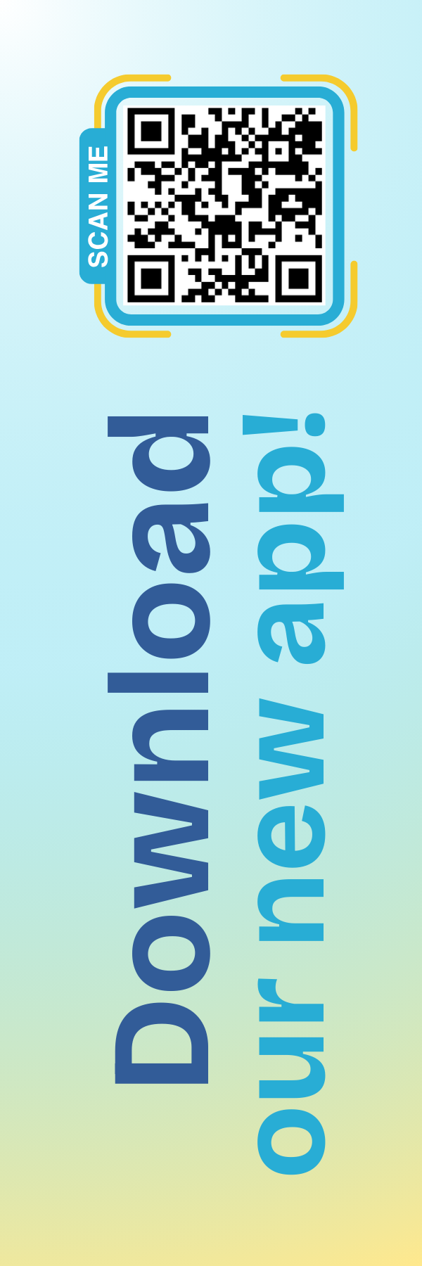 Mid-Hudson Library System bookmark with multi-colored background and text that says "Download our new app!" and a QR code that leads to the app store (or visit https://innovativemobile.net/mid-hudsonlibraries)