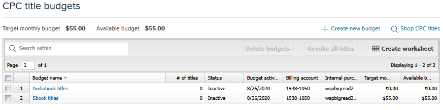 Screeenshot of CPC title budgets manager showing multiple budget lines for Audiobook titles and Ebook titles.