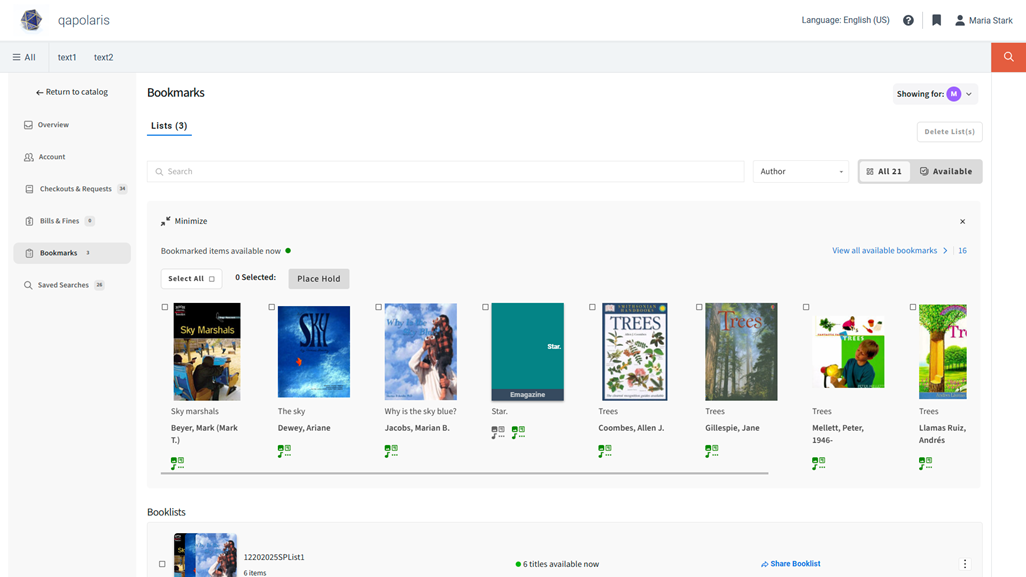 Screenshot of a Vega Discover patron account portal on the Bookmarks tab.