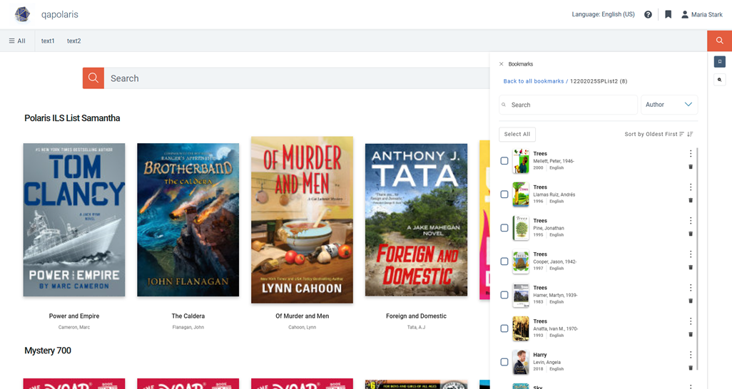 Screenshot of a Vega Discover Bookmarks pop-out window with the catalog homepage in the background.
