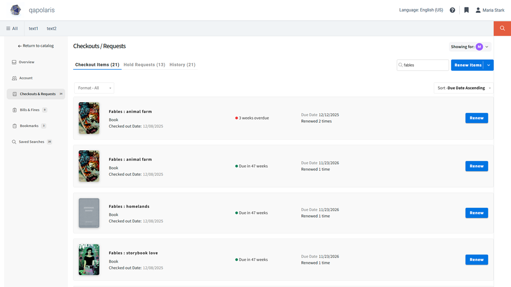 Screenshot of a Vega Discover patron account portal on the Checkouts & Requests tab with "Checkout Items (21)" selected. Each item has title, format, checkout date, due status, due date, number of renewals, and a button to Renew. You can search, sort, and filter the list.
