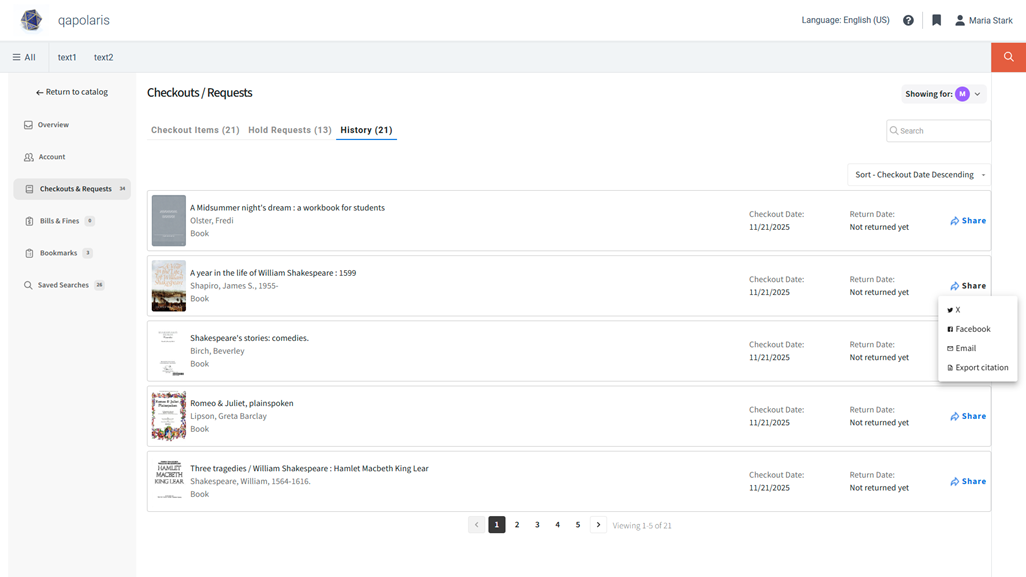 Screenshot of a Vega Discover patron account portal on the Checkouts & Requests tab with "History (21)" selected. Each item has a title, author, format, checkout date, return date, and share button. You can search or sort the list.