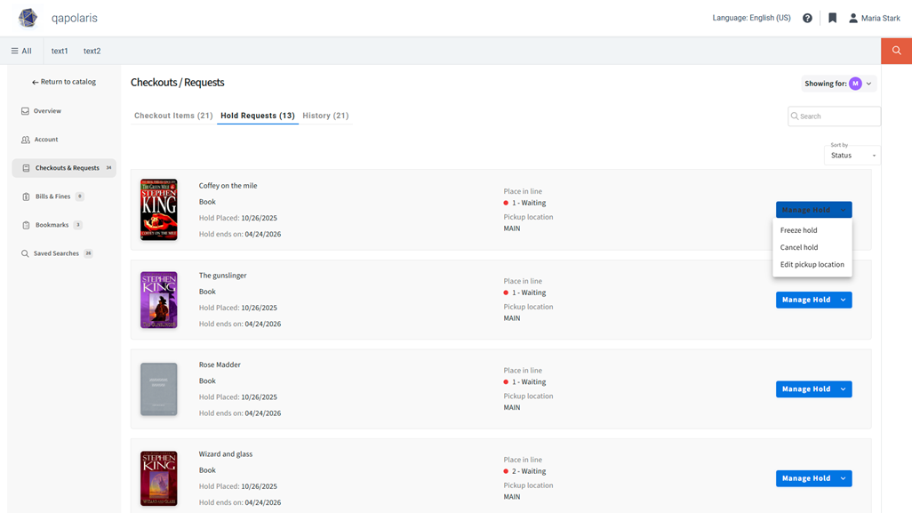 Screenshot of a Vega Discover patron account portal on the Checkouts & Requests tab with "Hold Requests (13)" selected. Each request has a title, format, hold placed date, hold ends date, place in line, pickup location, and a button to manage the hold, with the options to freeze, cancel, or edit pickup location. You can search and sort the list.
