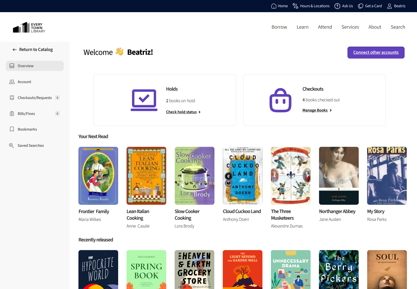 Screenshot of a Vega Discover patron account portal on the Overview tab. It says "Welcome Beatriz!" with a waving emoji. There are two large icons to go to holds and checkouts followed by two rows of recommended books.
