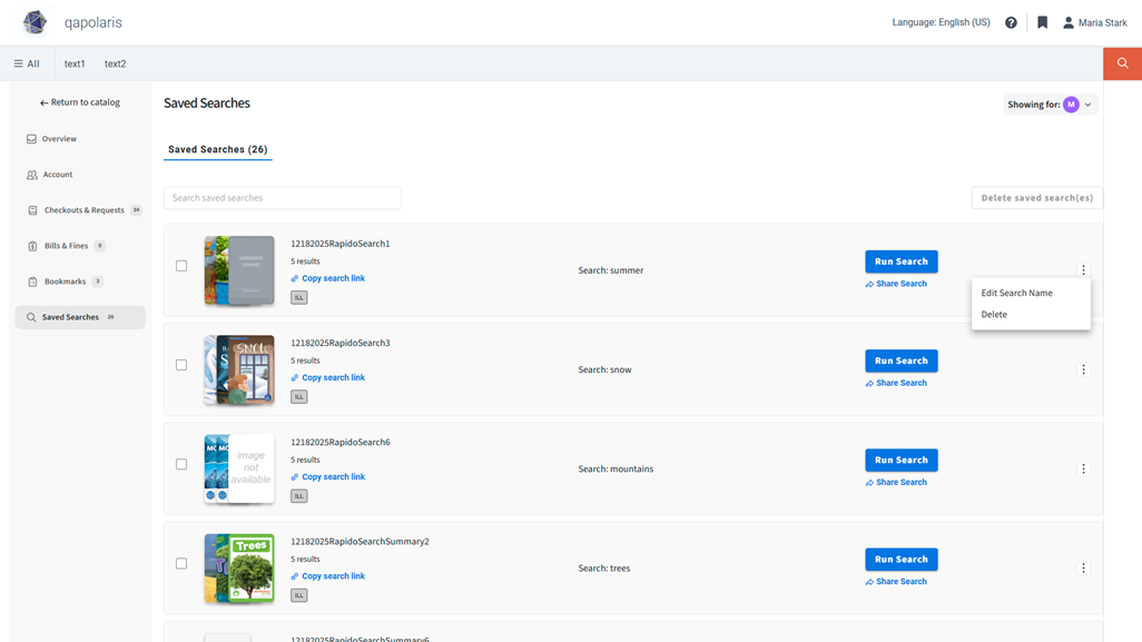 Screenshot of a Vega Discover patron account portal on the Saved Searches tab.
