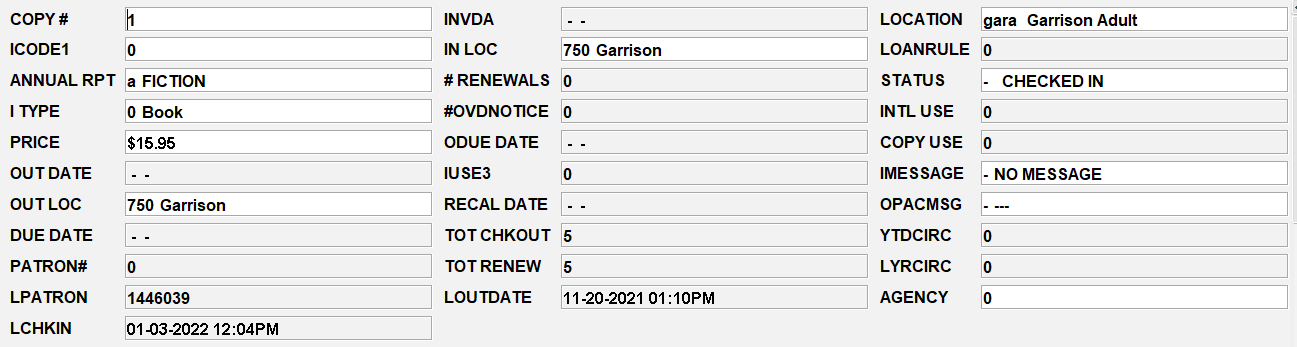 Screenshot showing all Fixed length fields in an item record