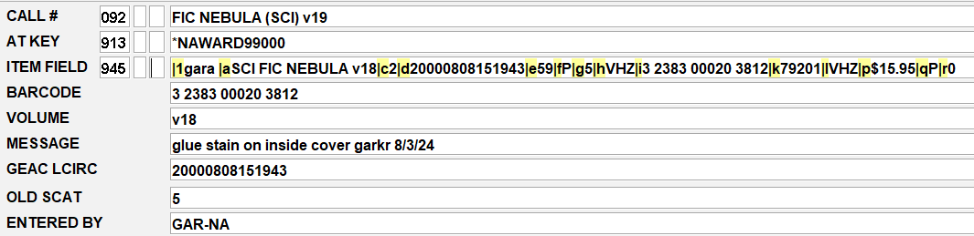 Screenshot showing all Variable length fields in an item record