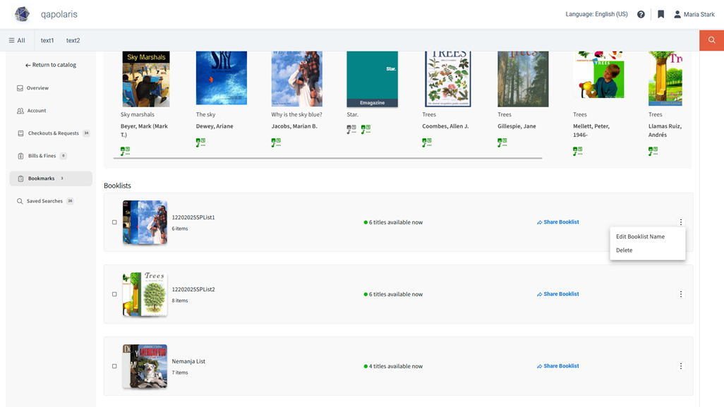Screenshot of a Vega Discover patron account portal on the Bookmarks tab.