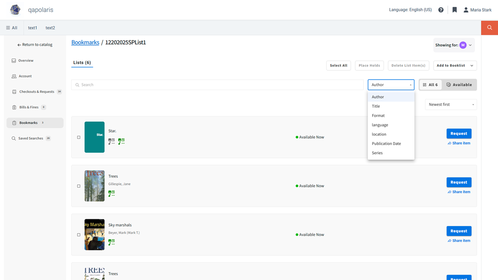 Screenshot of a Vega Discover patron account portal on the Bookmarks tab.