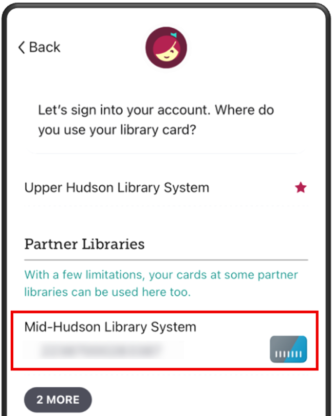 Screenshot of Libby app showing "Mid-Hudson Library System" as a partner library