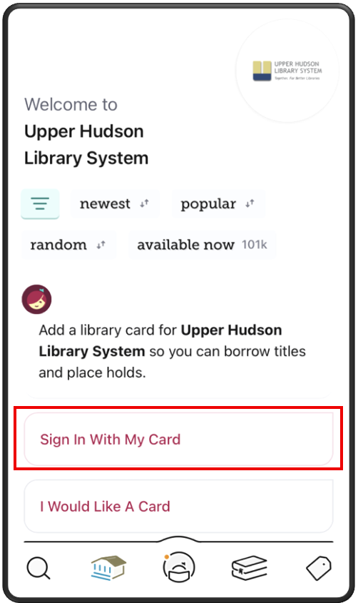 Screenshot of Libby app showing "Sign in with my card" link on Upper Hudson Library system site