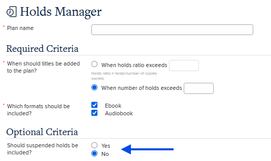 Screenshot of Holds Manager options with "Should suspended holds be included?" set to "No"