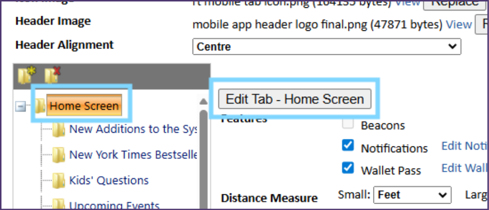 Screenshot of the patron app CMS with the Home Screen folder and Edit Tab - Home Screen button both highlighted in blue.