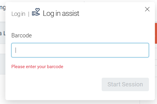 An empty barcode entry field, red text that says "Please enter your barcode," and a greyed-out "Start Session" button.