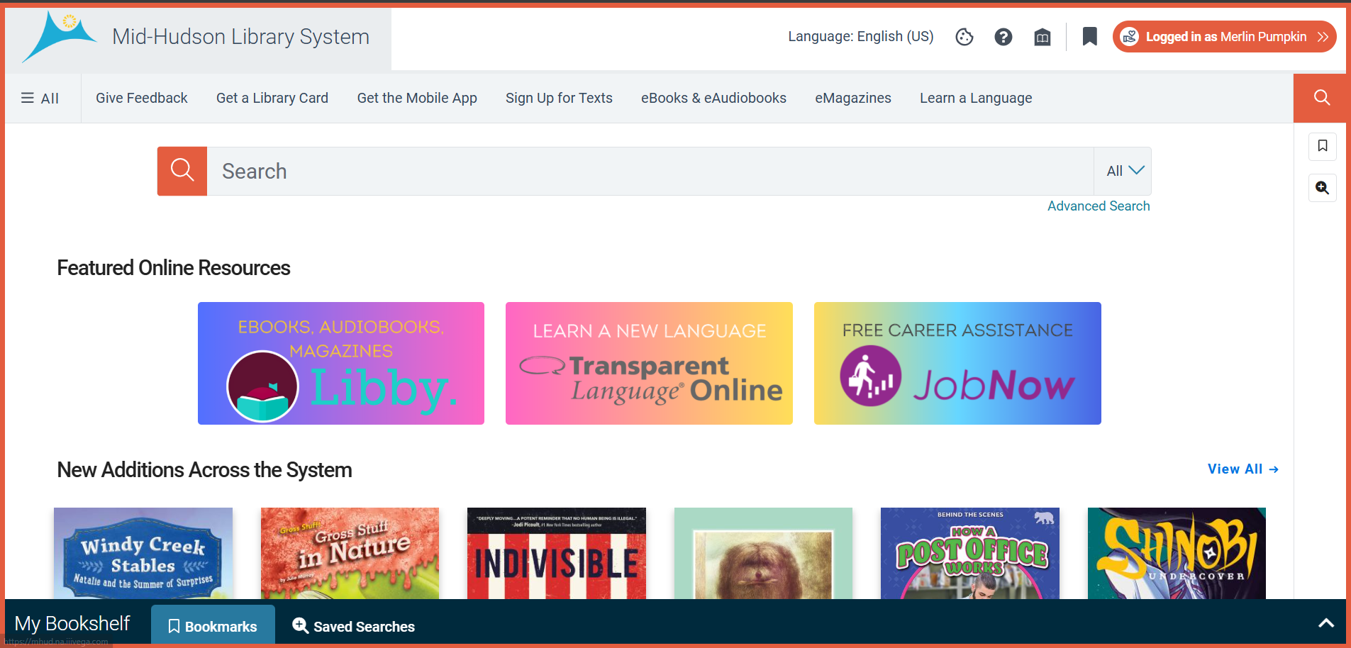 Discover catalog homepage surrounded by an orange border with the patron's name also highlighted in orange.