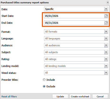 Screenshot of report options with start and end dates filled in.