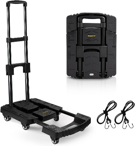 black folding hand truck, folded up and opened and two black bungee cords. 