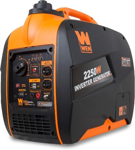 Orange and black gas powered portable inverter generator