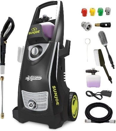 Black pressure washer and brush and nozzle attachments.