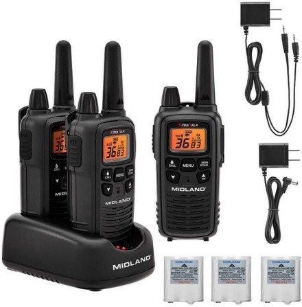 3 black walkie talkies and accessories