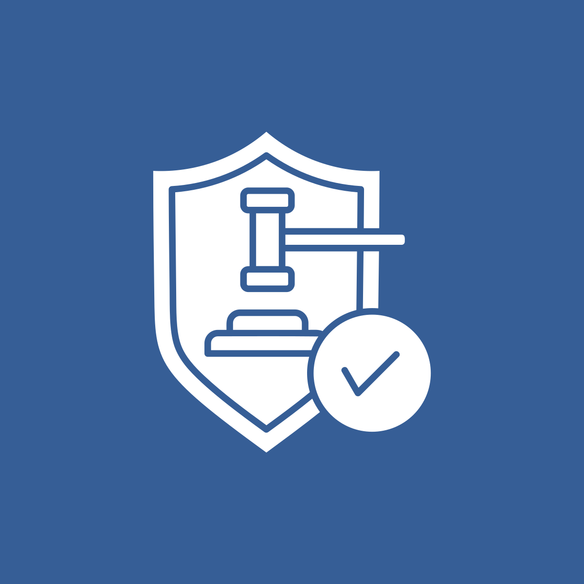 Icon of a shield with a gavel and a checkmark in a circle on the right edge of the shield