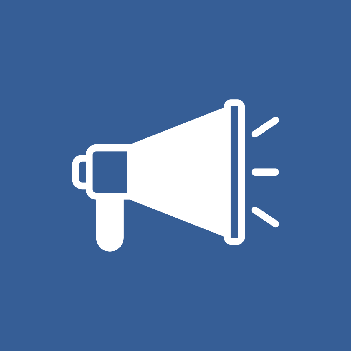 White icon of a bullhorn on a blue background.
