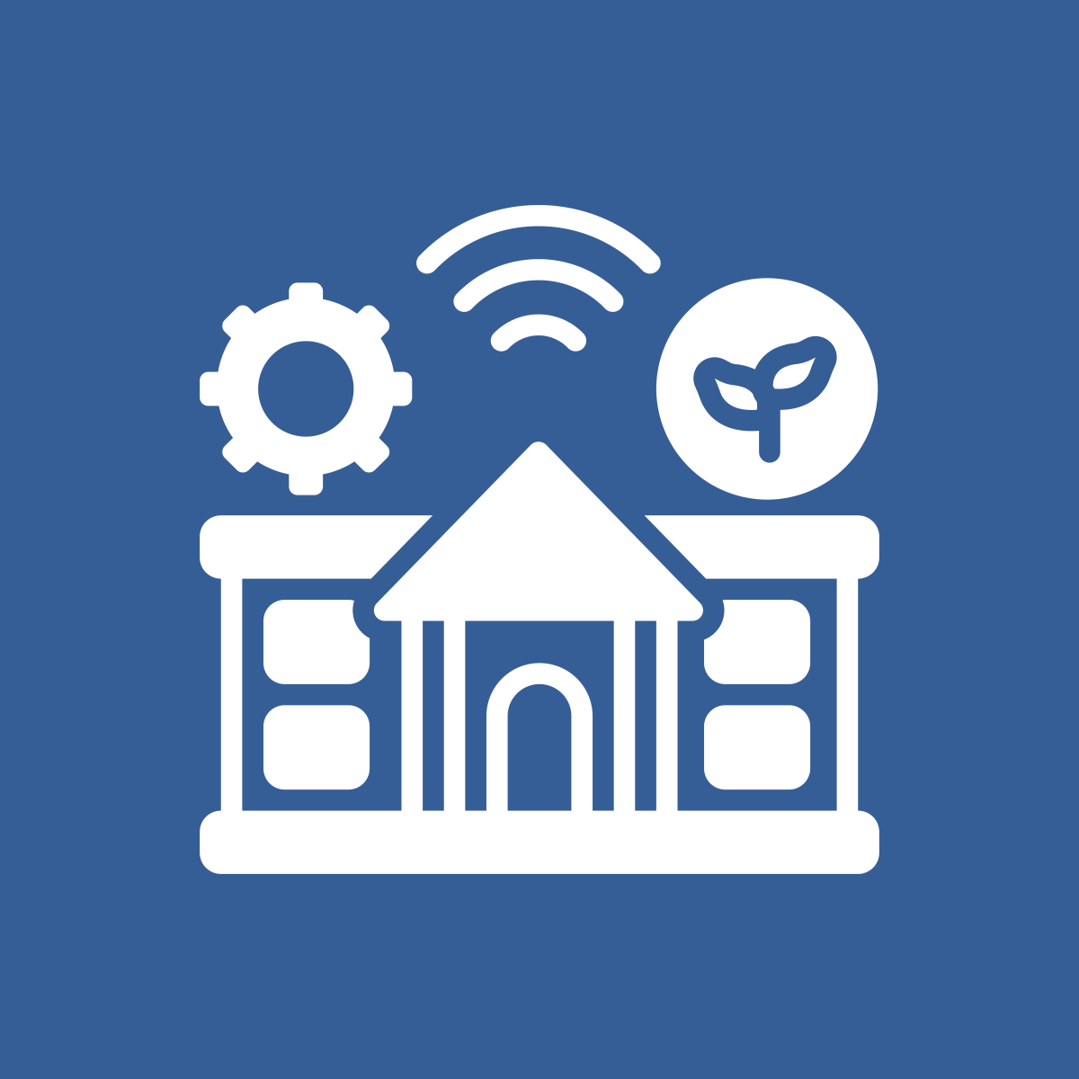 White icon of a building with white icons of a gear, a wi-fi symbol and a circle with a stem with leaves on it.