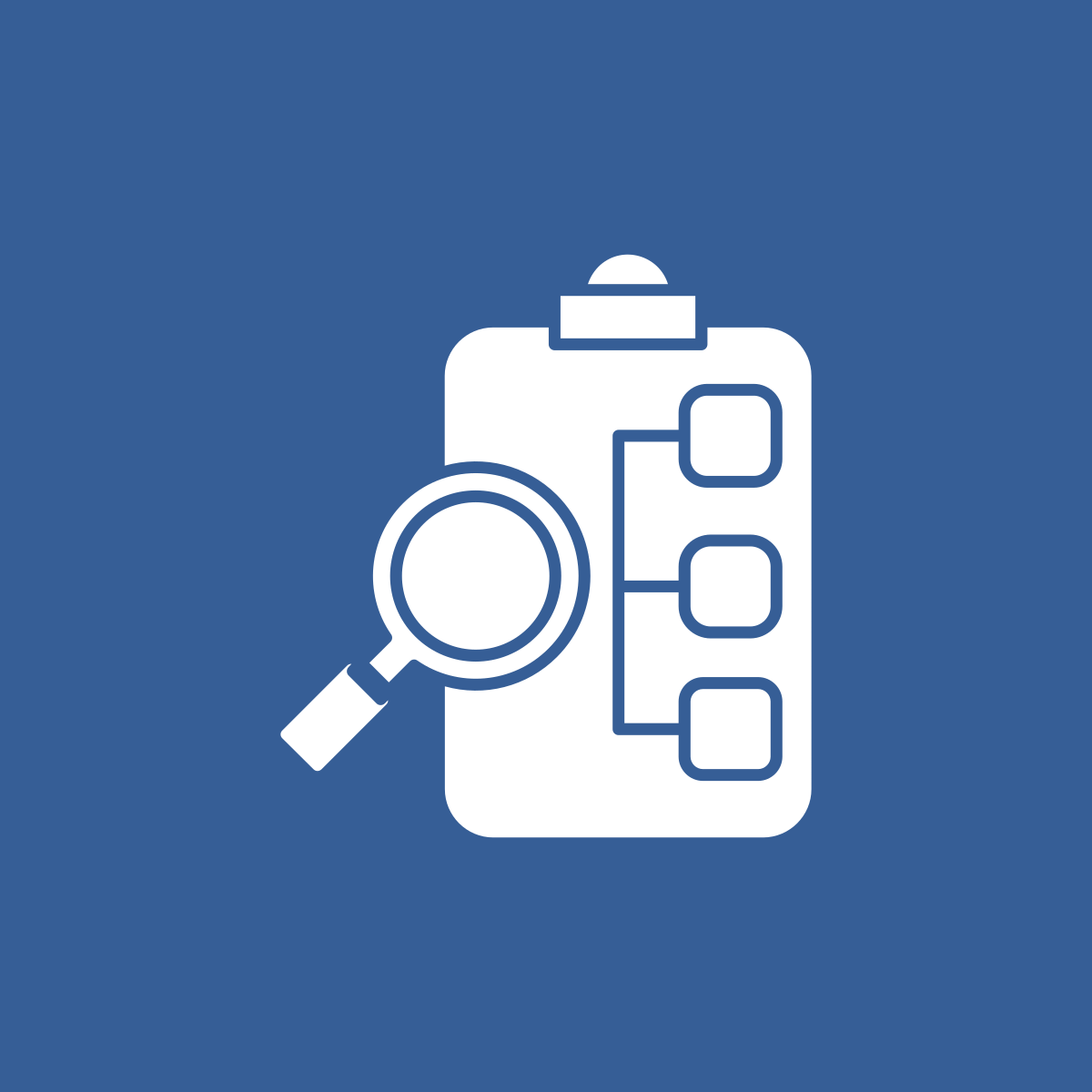 Icon of a magnifying glass above a clipboard containing a flow chart