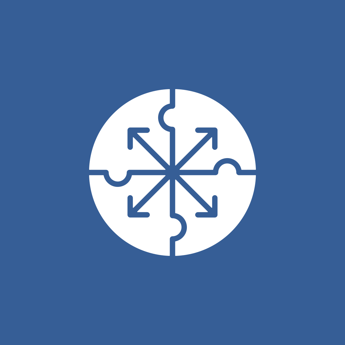Icon of puzzle pieces fitting together in a circle with 4 arrows emanating out from the center in four directions.
