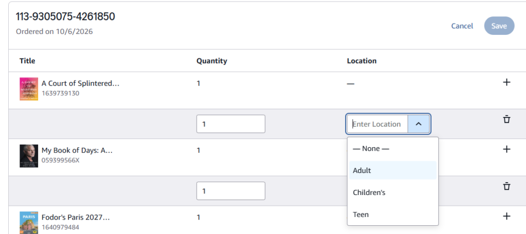 Screenshot of cart with location selection options